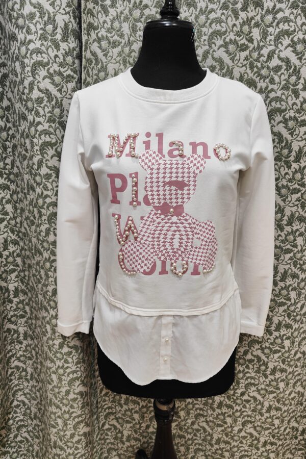 Jersey con falsa camisa. Blanca con detalles en rosa.